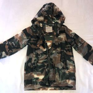 Kids camouflage rain jacket.